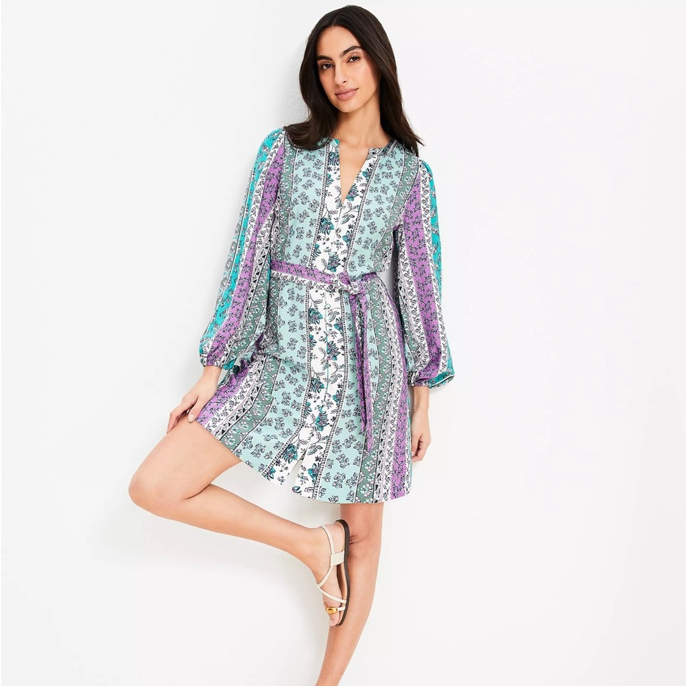 LOFT Multicolor Floral Stripe Belted Long Sleeve Mini Shift Dress NWT